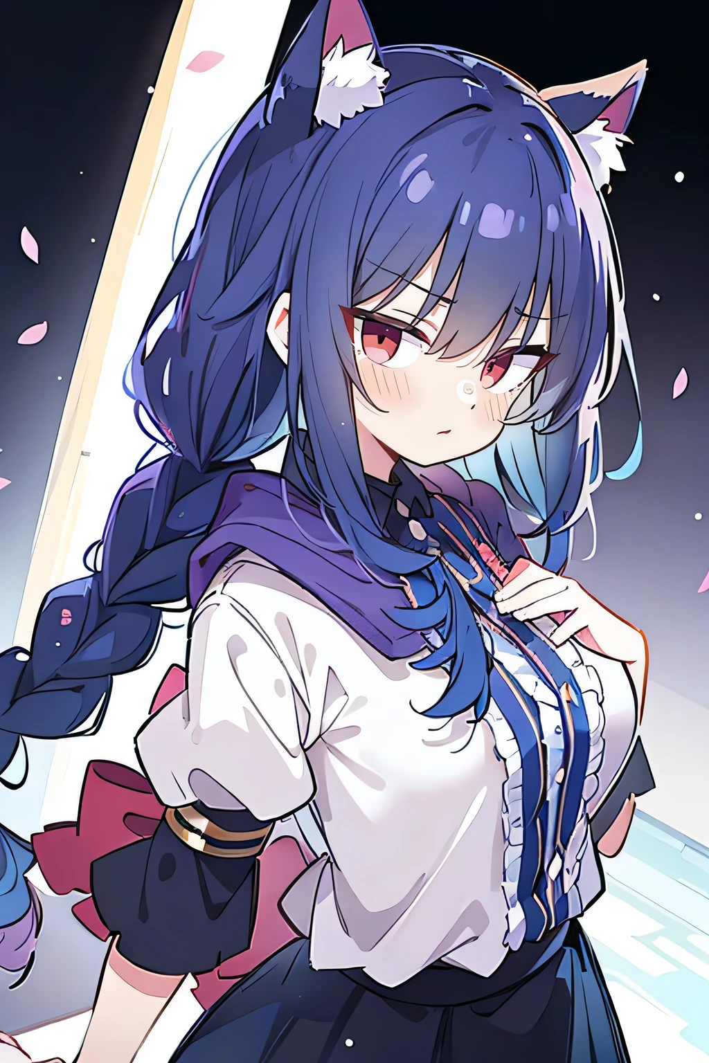 (masterpiece:1.2),Super detailed,lifelike,Expressive eyes,fair skin,perfect face shape,1 girl,
Japanese comics,Gorgeous blue hair,flowing blue hair,flowing clothes,Cat ears,Petals fall,beautiful lola,Baby Angel,
Shaking head with one hand,Cross your legs,Gentle and peaceful background,The pavilion is cool and comfortable,smile, wearing hoodie, background of tokyo,back views,snowing, winter,lie on the water.(Best Quality: 1.3), (Masterpiece: 1.3), (Illustration: 1.3), (Ultra Detailed: 1.3), (Imide Lens: 0.9), 1girl, Medium Breasts, Purple Eyes, ((Dark Blue Hair) ), hair accessories, young, clothing-gladiia, long hair, dark blue hair, indoors, black shorts, high socks, low ponytail, expressionless, upper body, close-up, coat, skirt,fgo style,like \(destiny\), like Adult, hair length, underwear, masterpiece, Top quality, 1 Girl, looking at the audience,(((braid)))、shameful face、Embarrassed face、Long body、huge 、