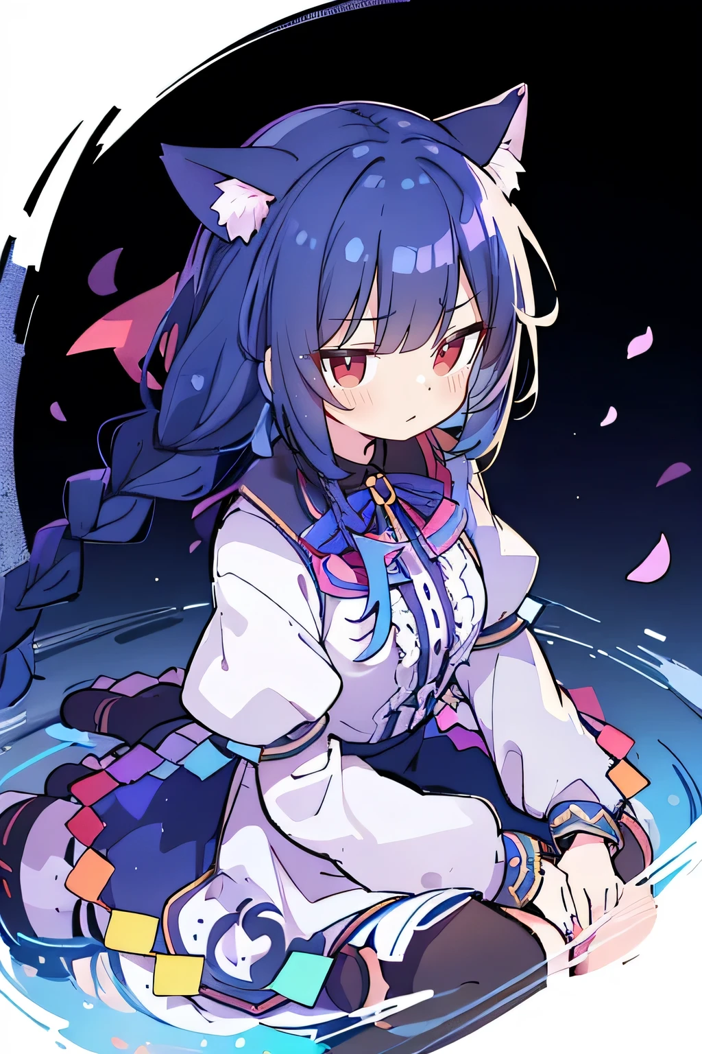 (masterpiece:1.2),Super detailed,lifelike,Expressive eyes,fair skin,perfect face shape,1 girl,
Japanese comics,Gorgeous blue hair,flowing blue hair,flowing clothes,Cat ears,Petals fall,beautiful lola,Baby Angel,
Shaking head with one hand,Cross your legs,Gentle and peaceful background,The pavilion is cool and comfortable,smile, wearing hoodie, background of tokyo,back views,snowing, winter,lie on the water.(Best Quality: 1.3), (Masterpiece: 1.3), (Illustration: 1.3), (Ultra Detailed: 1.3), (Imide Lens: 0.9), 1girl, Medium Breasts, Purple Eyes, ((Dark Blue Hair) ), hair accessories, young, clothing-gladiia, long hair, dark blue hair, indoors, black shorts, high socks, low ponytail, expressionless, upper body, close-up, coat, skirt,fgo style,like \(destiny\), like Adult, hair length, underwear, masterpiece, Top quality, 1 Girl, looking at the audience,(((braid)))、shameful face、Embarrassed face、Long body、huge 、