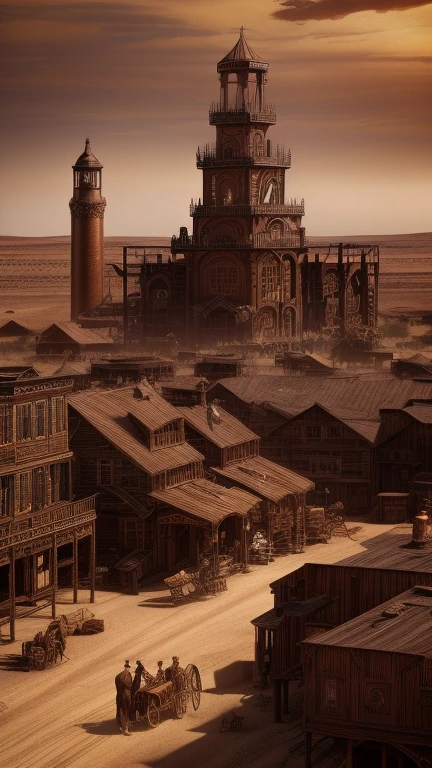 a steampunk wild west town on a vast plain, highly detailed, intricate gears and machinery, victorian architecture, old western saloon, dusty roads, cowboy hats, coiled lasso, warm tones, cinematic composition, photorealistic, masterpiece, 8k, ultra-detailed