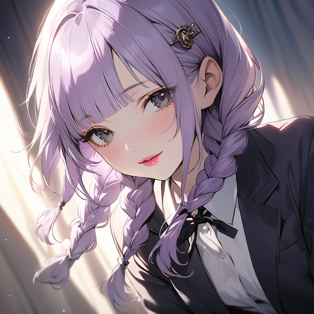 (Cute a girl:1.5), (masterpiece:1.3), anime visual, (school uniform Navy blazer, black ribbon tie, white blouse, checked skirt:1.3 ), (Lovey-dovey:1.5), (tilt head:1.3), extremely delicate face, soft clean focus, realistic lighting and shading, (an extremely delicate and beautiful art:1.3), elegant, (muted colors:1.1),(one girl with closs hair pin,pale purple hair,wavy two braids,blunt bangs hair,green and black eyes.pink lips:1.4), small breast,slim,smile,Slender,morning lit,Glasses, twin braids, men's suit, tie,