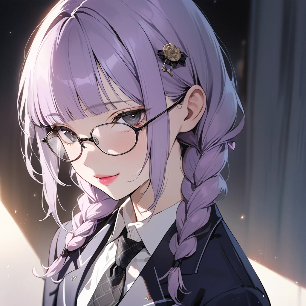 (Cute a girl:1.5), (masterpiece:1.3), anime visual, (school uniform Navy blazer, black ribbon tie, white blouse, checked skirt:1.3 ), (Lovey-dovey:1.5), (tilt head:1.3), extremely delicate face, soft clean focus, realistic lighting and shading, (an extremely delicate and beautiful art:1.3), elegant, (muted colors:1.1),(one girl with closs hair pin,pale purple hair,wavy two braids,blunt bangs hair,green and black eyes.pink lips:1.4), small breast,slim,smile,Slender,morning lit,Glasses, twin braids, men's suit, tie,