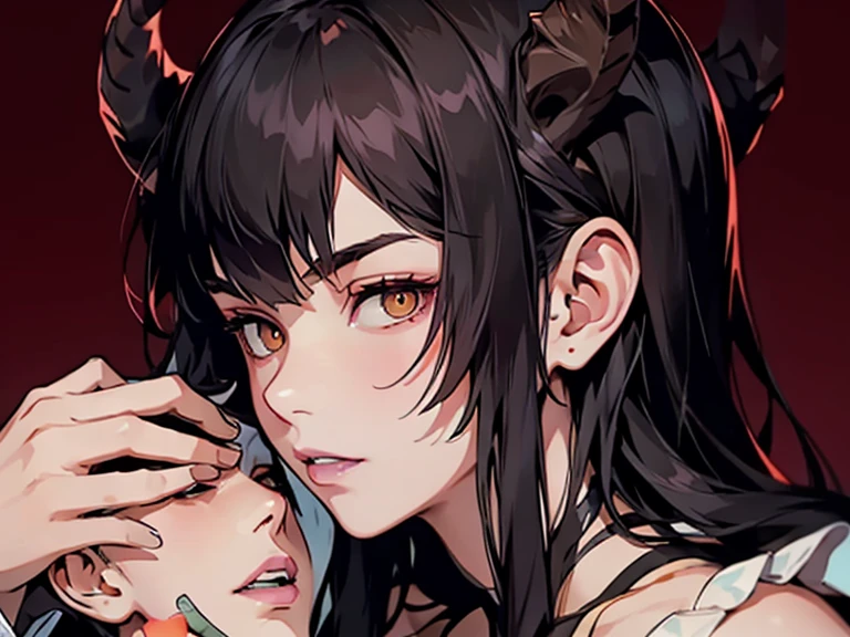 Eliza from Tekken sitting on the edge of the bed, stroking a boy's face