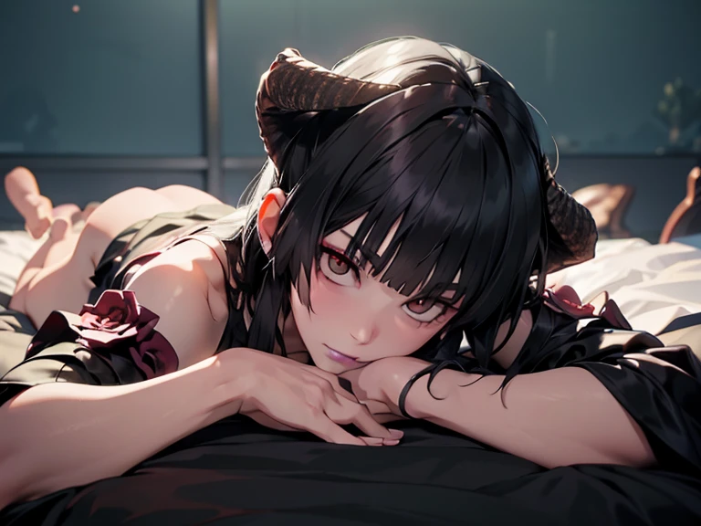 Eliza from Tekken sitting on the edge of the bed, stroking a boy's face