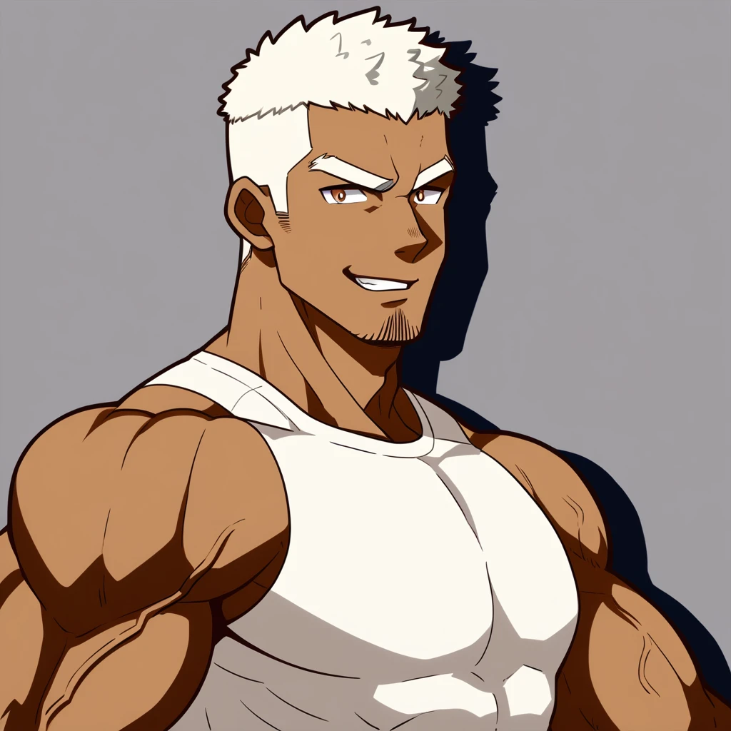 negro,negro,negro,anime characters:Gyee, Fitness coach, negro black skin, 1 muscular tough guy, Manliness, male focus, Cream White Sleeveless Tight T-Shirt, Very tight, The pectoral muscles are oversized, Slightly transparent, muscular male, muscular, only, Upper body, alone, White short hair, Thick eyebrows, stubble, Brown eyes, Grey background, simple background, amazing quality, best aesthetics, Ridiculous, bright pupils, crew cut, parted lips, seductive smile, torogao, naughty face, drop shadow, best quality