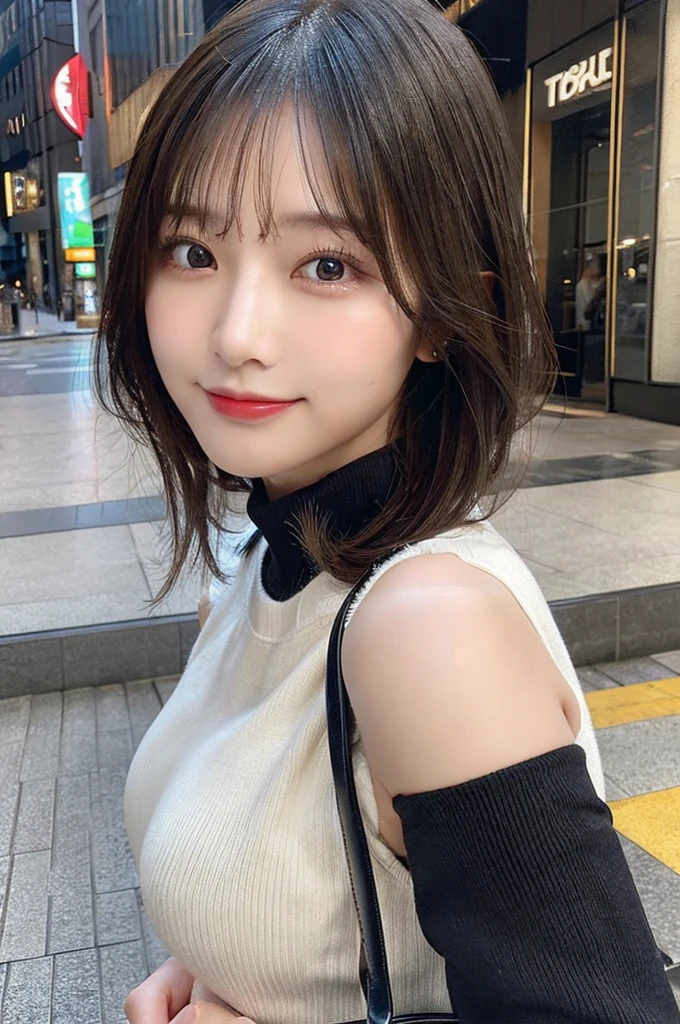 ((paisura))、Big Tits、Carry the bag diagonally across your shoulder、double eyelid、big 、Highest quality, shape, Very detailed, Fine details, High resolution, 8k, Perfect dynamic composition, Beautiful details, ,Natural color lip, A shy smile,Beautiful 20 year old woman、The only person, Correct posture、Cute type、Looking into the camera、Turtleneck Sleeveless、Black Hair