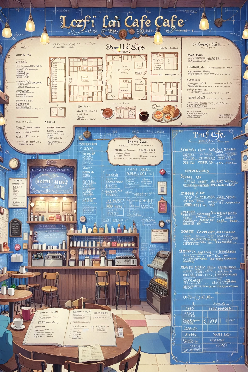 ON PARCHMENT,INK ILLUSTRATION,
((anime:1.4,illustration)),(masterpiece, top quality, best quality),(ultra-detailed, absolutely resolution),((16k, high res)), (((A detailed blueprint of the section of Lofi cafe, a fairytale-style cafe, detailed labeling text, grid lines,)) ((cozy lofi illustration:1.4)), ((anime:1.4, illustration)),(masterpiece, top quality, best quality),(ultra-detailed, absolutely resolution),((16k, high res)) BREAK {lofi art, style of Laurie Greasley, style of Makoto Shinkai, anime aesthetic},