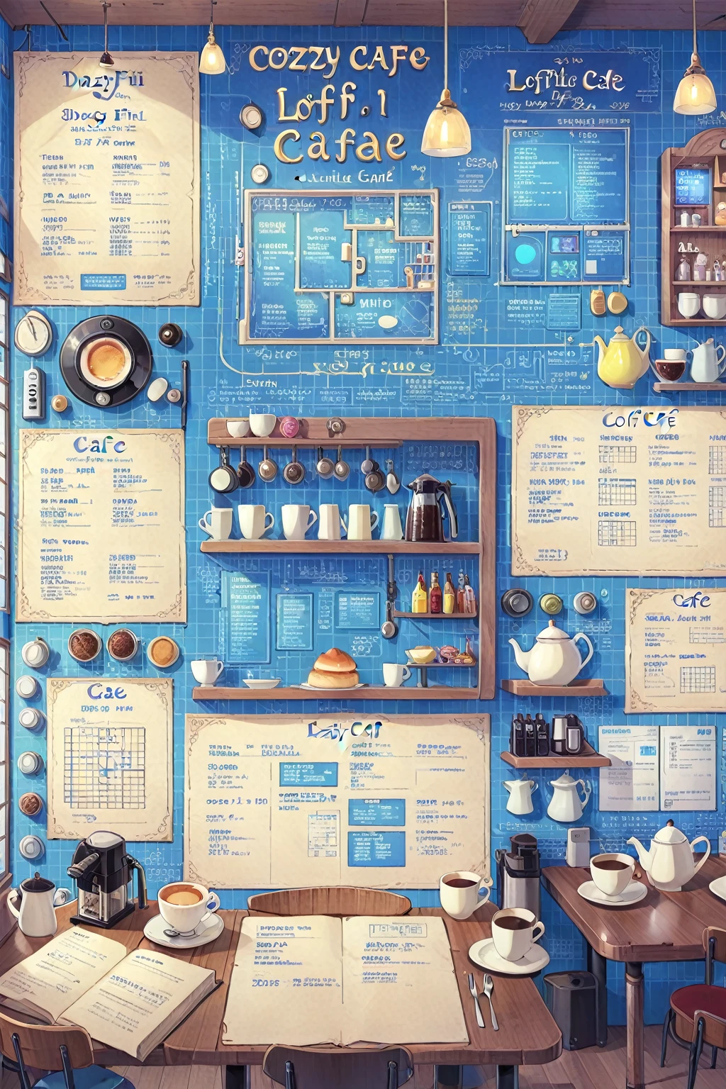 ON PARCHMENT,INK ILLUSTRATION,
((anime:1.4,illustration)),(masterpiece, top quality, best quality),(ultra-detailed, absolutely resolution),((16k, high res)), (((A detailed blueprint of the section of Lofi cafe, a fairytale-style cafe, detailed labeling text, grid lines,)) ((cozy lofi illustration:1.4)), ((anime:1.4, illustration)),(masterpiece, top quality, best quality),(ultra-detailed, absolutely resolution),((16k, high res)) BREAK {lofi art, style of Laurie Greasley, style of Makoto Shinkai, anime aesthetic},
