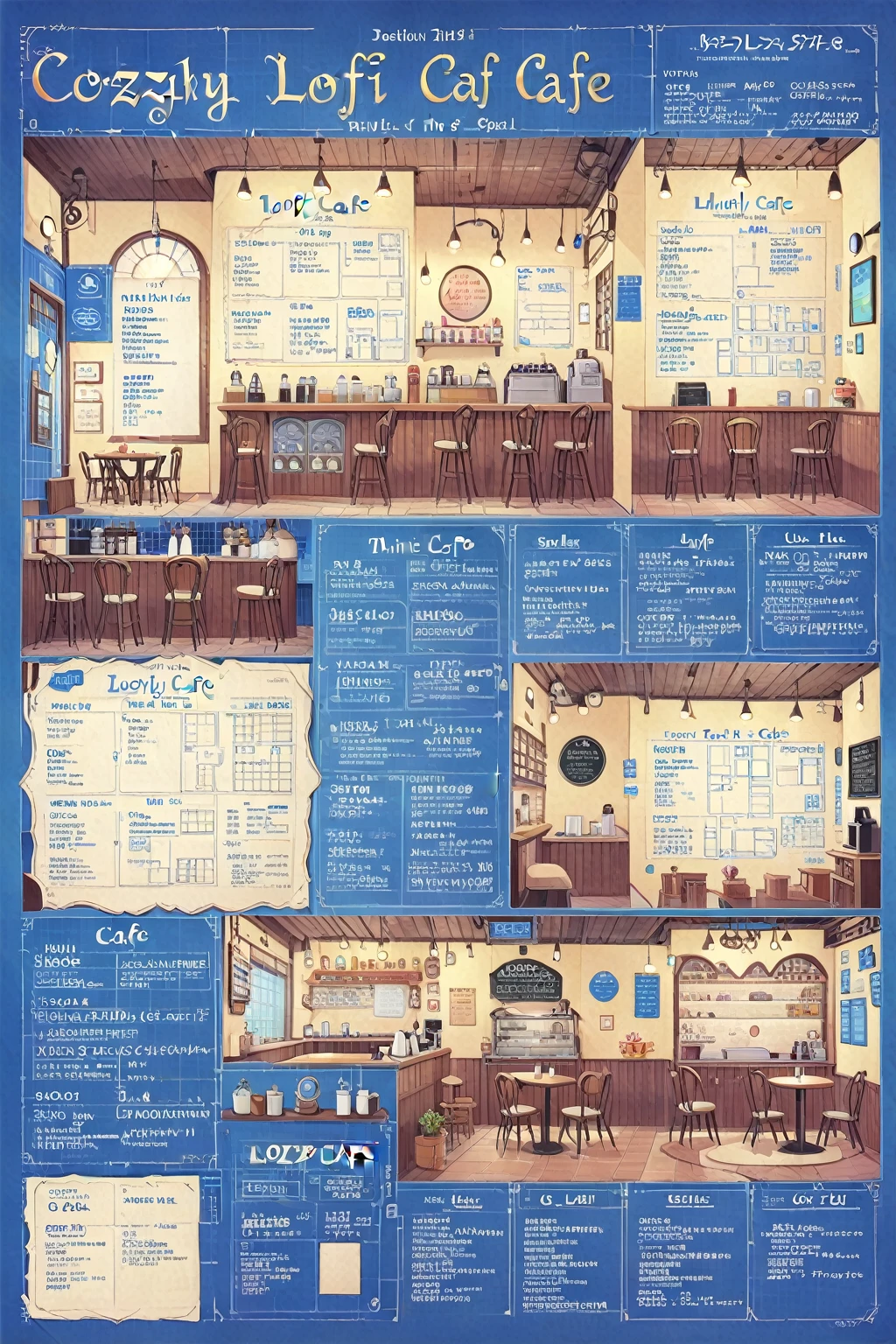 ON PARCHMENT,INK ILLUSTRATION,
((anime:1.4,illustration)),(masterpiece, top quality, best quality),(ultra-detailed, absolutely resolution),((16k, high res)), (((A detailed blueprint of the section of Lofi cafe, a fairytale-style cafe, detailed labeling text, grid lines,)) ((cozy lofi illustration:1.4)), ((anime:1.4, illustration)),(masterpiece, top quality, best quality),(ultra-detailed, absolutely resolution),((16k, high res)) BREAK {lofi art, style of Laurie Greasley, style of Makoto Shinkai, anime aesthetic},
