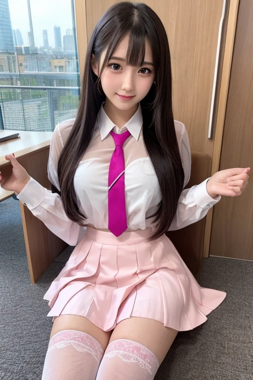 beautiful girl、Idol、high school girl、See-through、Pink mini skirt、stockings、sit