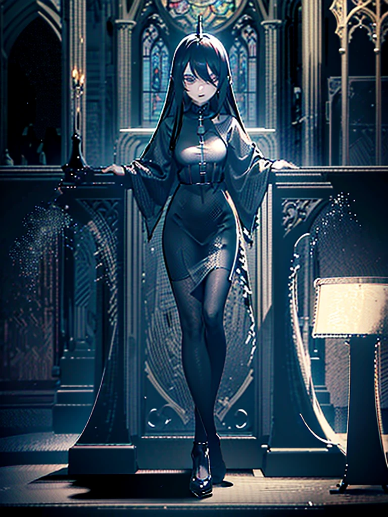 Black statue of Young woman in big black dress, coal statue, made of coal, back wing, in big gothic church, evil, spooky, magic
