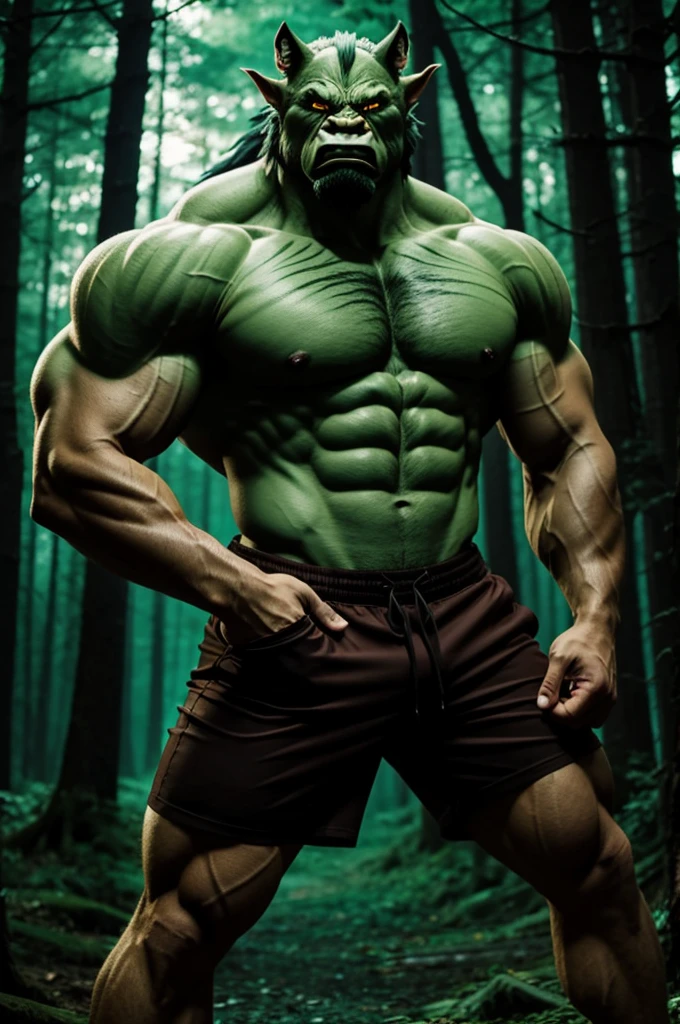 Wolf Orc，Anime style，forest，night，wearing a T-shirt and shorts，muscular，Handsome