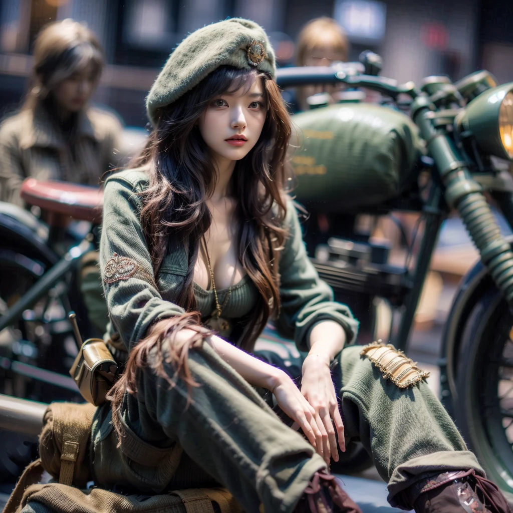 Dystopian night scene, very intricate details, Japanese woman wearing model-like armor, beautiful face, legs, cylinders that look like muscles, pose in motion, 8k, ultra high resolution, super realism, realistic photo, taken with Fuji film X-T30.+Nokton. HDR10