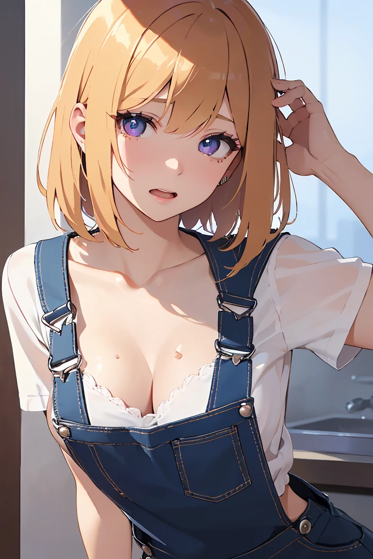 masterpiece, absurdres, best quality, ultra detailed, high Resolution, detailed illustration, bright colour, (extremely beautiful detailed face and eyes, Delicate beautiful face, 1 girl, cute face:1.3), (magenta eyes:1.1), sparkling eyes, big eyes, medium breasts, (perky breasts:1.1), (pointy breasts:1.1), medium hips, glamorous body, white skin, BREAK, long bob cut, (blonde hair:0.8), messy hair, detailed hair, shiny hair, BREAK (overalls, down blouse:1.3), perfect lighting, (embarrassed:1.3), (ecstasy, vulgarity:1.5), (trembling:0.8), Touching the chest, full body,