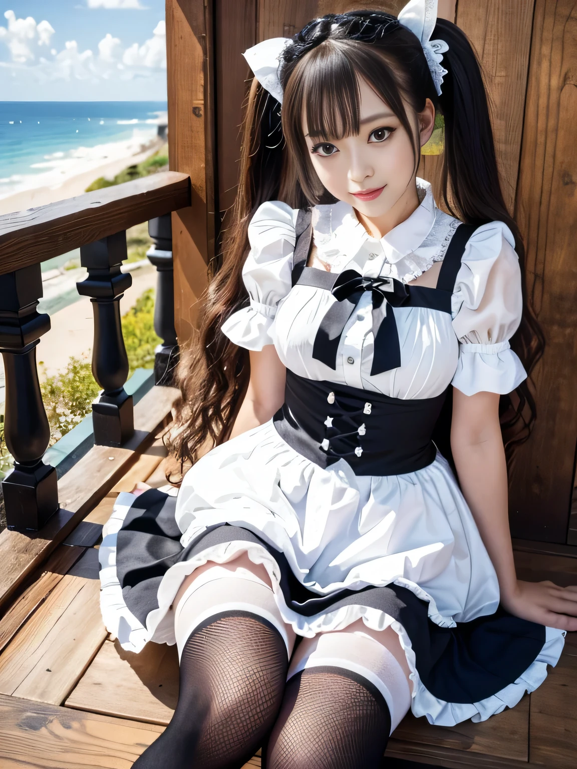 ((masterpiece)), ((Highest quality、Ultra-high resolution)), (Very detailed),8k、Photo quality、((Amazingly cute girl)), -yeld gi Two people, , (Beautiful emerald blue eyes), ((smile)),In the open-air bath overlooking the sea, Beautifully arranged black hair in twin tails、whole body、(Super high-end white see-through summer gothic lolita maid costume、A super mini skirt with lots of frills)、Professional Lighting、(White lace knee-high socks)、
