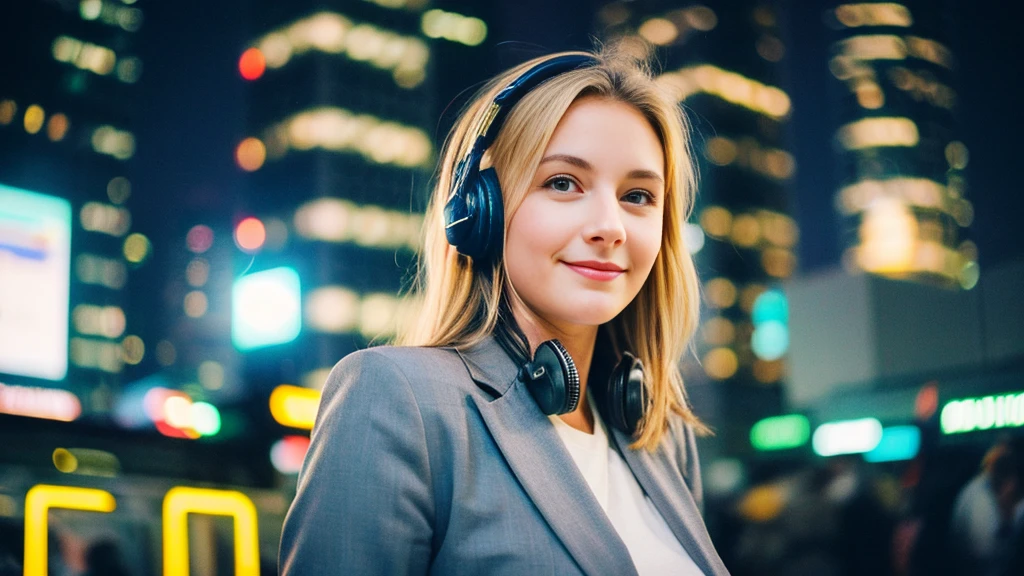 Beautiful blonde with large breasts in a gray suit (Big city at night、Wandering through the neon-lit skyscrapers),Wearing headphones,Very detailed, 21 years old, Innocent face, Naturally Wavy Hair, blue eyes, High resolution, masterpiece, Highest quality, Intricate details, Very detailed, Clear focus, Delicate skin, practical skin texture, texture, Delicate eyes, Professional, 4K, Cute Smile, Shot with Canon, 85mm, Shallow and deep, Kodak Vision Color, Exactly, Very detailed, photograph_\(Extremist\), photographpractical, practical, Post-processing, Maximum details, Roughness, Real Life, Extremist practical, Photorealism, photographgraphy, 8K Ultra HD, photographgraphy
