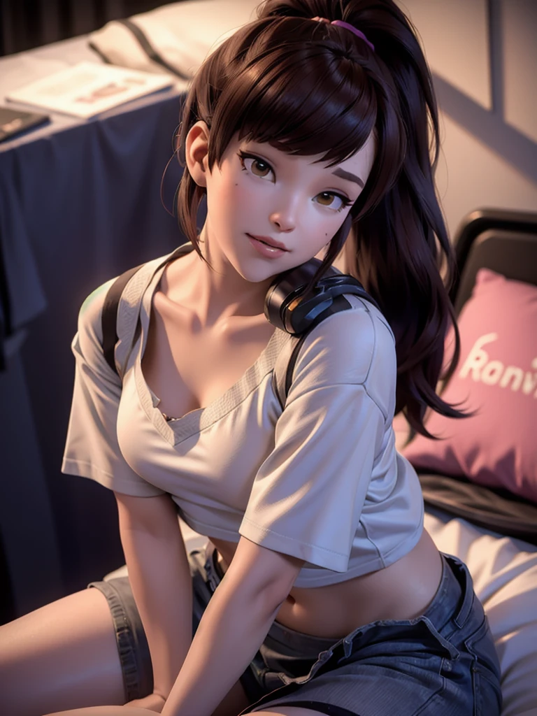 ((DVA from Overwatch)) without her mech, a woman with short brown hair in a (ponytail),she sits on her bed with her legs spread, high quality refelctions, volumetric lighting, she is wearing a ( ice white cropped loose fit t-shirt), the cropped shirt is hanging at the bottom as it is loose,  very short sleeves, in her bedroom on her bed, 1 girl solo, cinematic lighting, high resolution, physically-based rendering, 8k, volumetric lighting, hyperrealistic, detailed facial features, masterpiece, full upper body, gaming setup in background, cinematic, you can see the fabric of the shirt and the knits very detailed,(she has very small  breasts), nsfw, the focus is on her whole body and the environment, cinematic screenshot, you can see the (whole room) and her sitting on the bed, she wears an ((underwear panty)) as she is going to sleep soon, the picture has a very soft look at soft textures, cute sleepy smile, her arms are on a game controller, DVA is gaming before sleeping