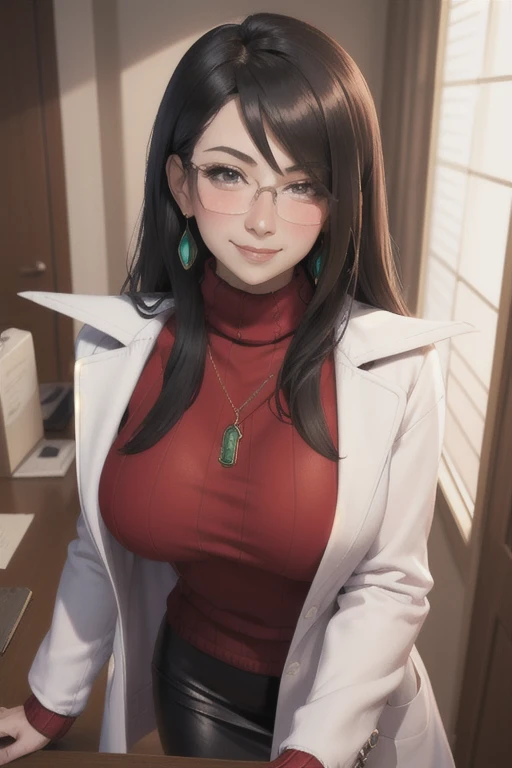 Highly detailed, High Quality, Masterpiece, beautiful, minazukikyouko, glasses, earrings, necklace, (red sweater:1.3), turtleneck, labcoat, black miniskirt, 1girl and 1boy, kabedon pov, looking at viewer, (seductive smile, blush:1.3)