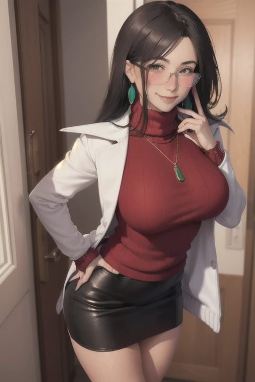 Highly detailed, High Quality, Masterpiece, beautiful, minazukikyouko, glasses, earrings, necklace, (red sweater:1.3), turtleneck, labcoat, black miniskirt, 1girl and 1boy, kabedon pov, looking at viewer, (seductive smile, blush:1.3)