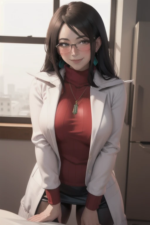 Highly detailed, High Quality, Masterpiece, beautiful, minazukikyouko, glasses, earrings, necklace, (red sweater:1.3), turtleneck, labcoat, black miniskirt, 1girl and 1boy, kabedon pov, looking at viewer, (seductive smile, blush:1.3)