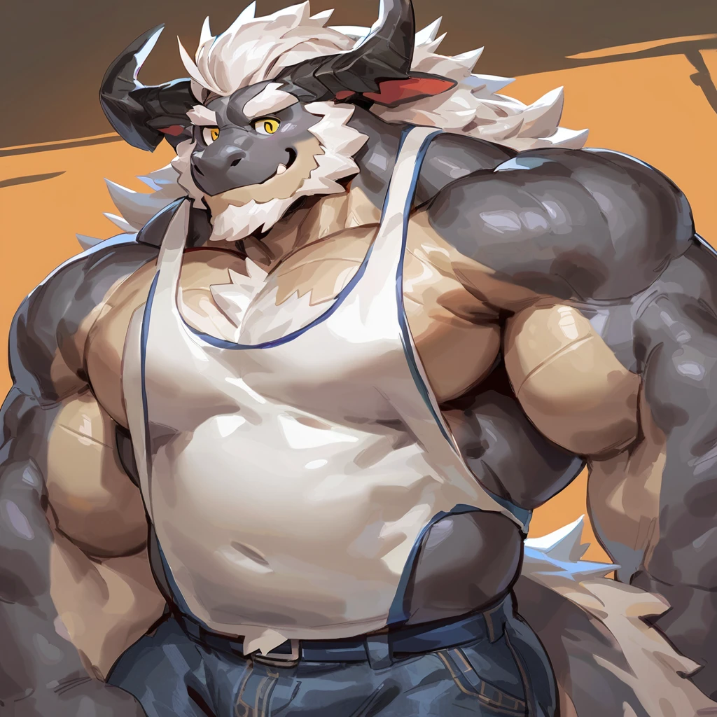 lion man, overly muscular, detailed eyes, prominent and dilated veins, alpha male, huge pecs (huge: 2.5), perverted expression, nice bulge, holding a huge dick, full body, sexy pose (white background).