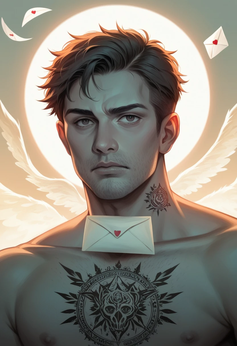 a man with salt and pepper hair, angel wing tattoos, letter A on the neck, detailed face, intricate tattoos, dramatic lighting, cinematic, dramatic expression, moody, dark, intense, photorealistic, masterpiece, 8k, hyper detailed, high quality, concept art, character design