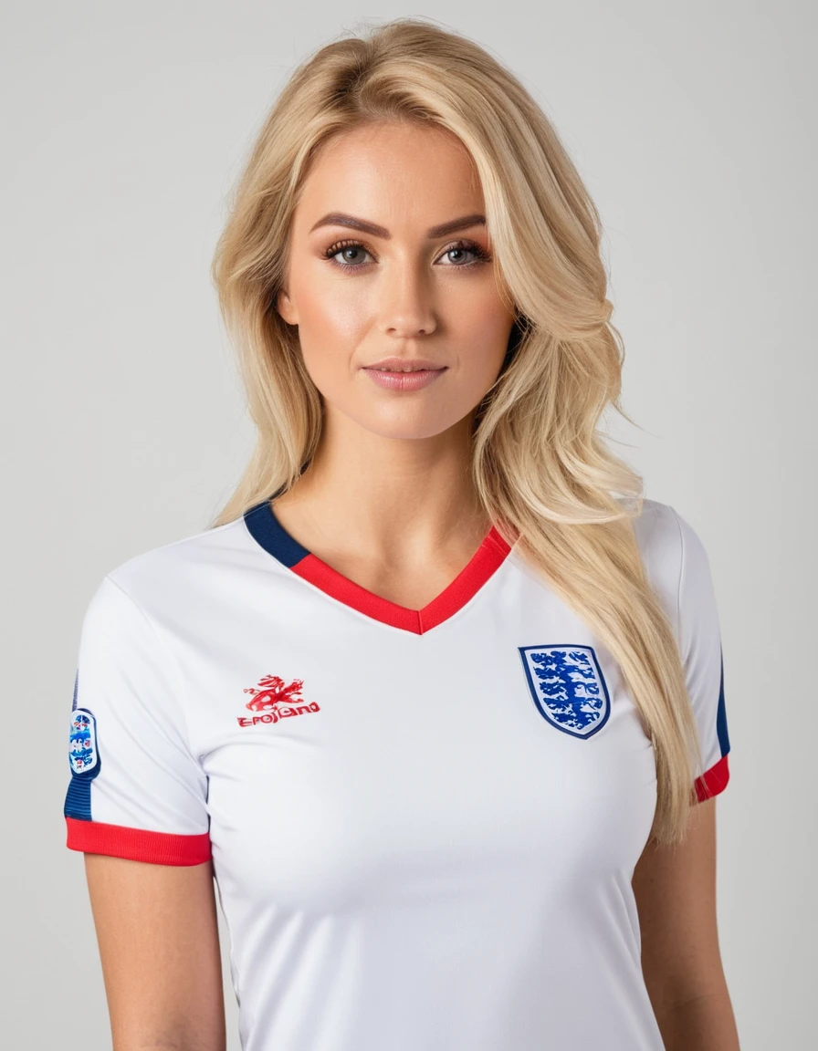 beautiful blonde woman wearing a tight England football shirt and lace gstring panties, full body picture, intricate detailed face, perfect body, athletic body, beautiful detailed eyes, beautiful detailed lips, long eyelashes, muscular athletic figure, dynamic action pose, (best quality,4k,8k,highres,masterpiece:1.2),ultra-detailed,(realistic,photorealistic,photo-realistic:1.37),HDR,UHD,studio lighting,ultra-fine painting,sharp focus,physically-based rendering,extreme detail description,professional,vivid colors,bokeh,sports,football,portrait, (messy bob hairstyle, white blond hair color), messy hairstyle, messy bob, messy hairstyle, white blond, 5 foot 3 inches tall, 110 pounds in weight, 34G breasts, large firm round breasts, very large breasts, cleavage, photorealistic, 4K, 8K, UHD, long shot, 