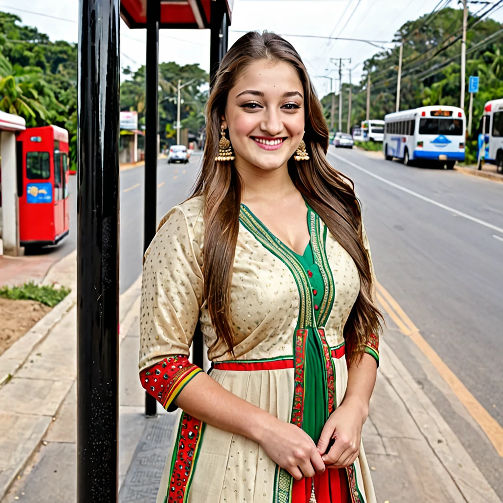 dani daniels Standing at the bus stop smiling in Indian look