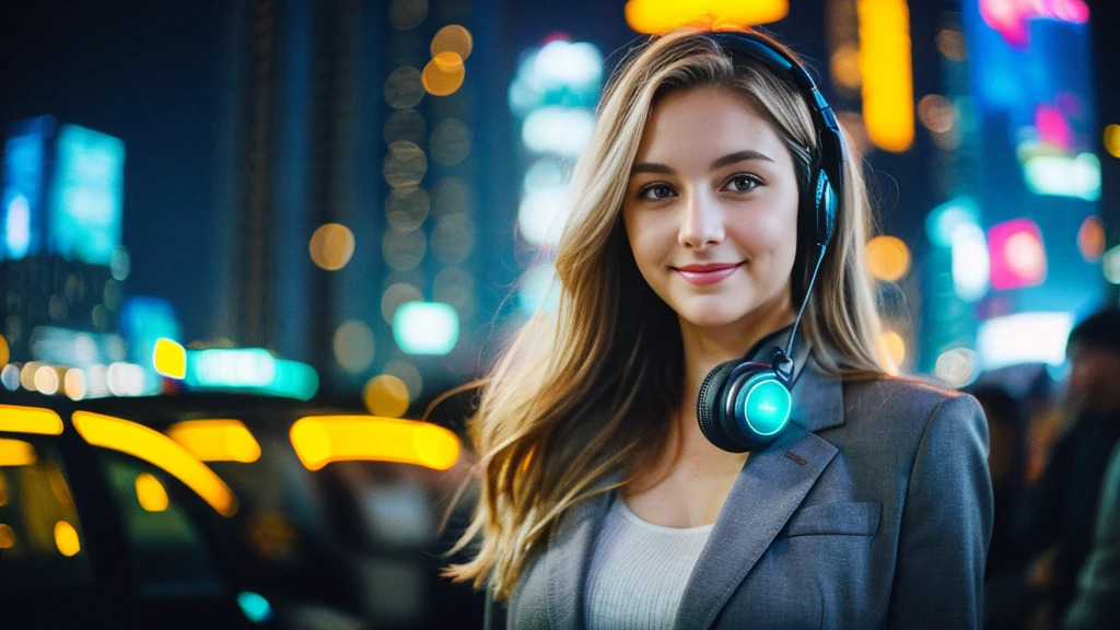 Beautiful blonde with large breasts in a gray suit (Big city at night、Wandering through the neon-lit skyscrapers),Wearing headphones,Very detailed, 21 years old, Innocent face, Naturally Wavy Hair, blue eyes, High resolution, masterpiece, Highest quality, Intricate details, Very detailed, Clear focus, Delicate skin, practical skin texture, texture, Delicate eyes, Professional, 4K, Cute Smile, Shot with Canon, 85mm, Shallow and deep, Kodak Vision Color, Exactly, Very detailed, photograph_\(Extremist\), photographpractical, practical, Post-processing, Maximum details, Roughness, Real Life, Extremist practical, Photorealism, photographgraphy, 8K Ultra HD, photographgraphy