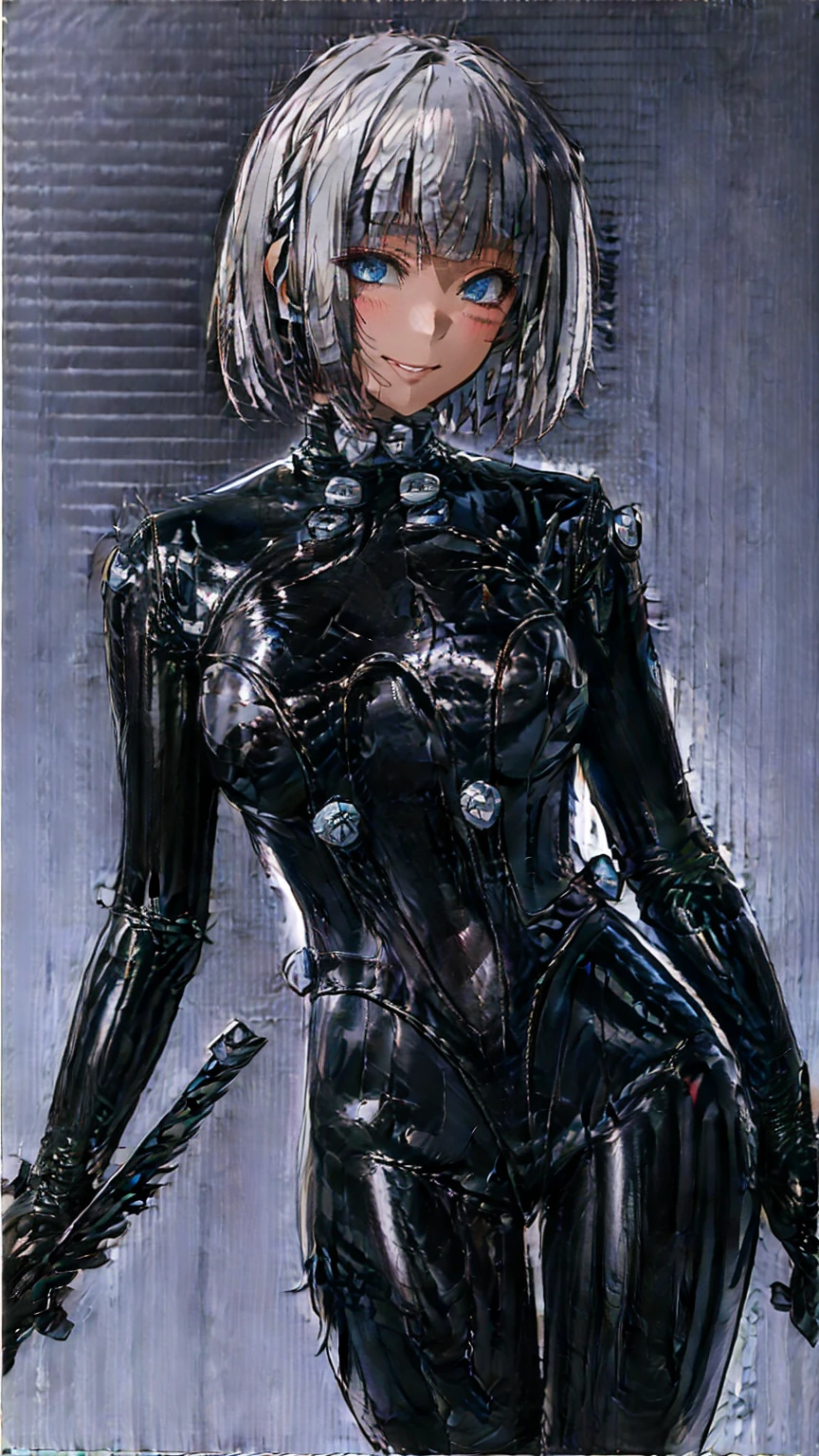 One Girl、Beautiful silver hair、((((Very short hair))))、French braids、skyblue eyes、Beautiful Eyes、(hair band)、(((Blunt bangs))), ((Medium Chest)), 24-years-old、 (((dark skin))), Tight waist, Gantz Suit、GANTZ、smile、Sexy pose, Seductive pose, arched back, cowboy shot,