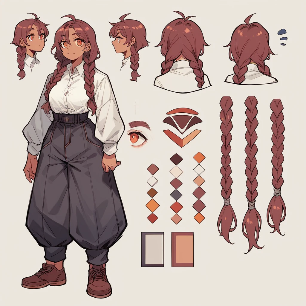 Character Design Sheet , a gorgeous woman, braided pigtails , character reference sheet, character turn around