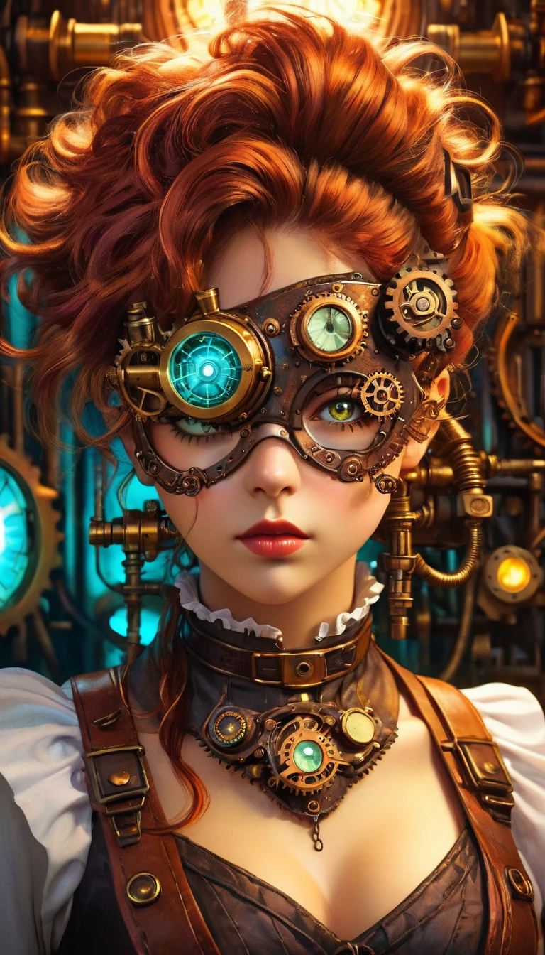 girl with one eye patch, steampunk style, crazy scientist, detailed, anime style, beautiful detailed eye, beautiful detailed lips, extremely detailed face, long eyelashes, intricate gears and machinery, copper and brass accents, glowing goggles hanging on neck, mad scientist hair, dramatic lighting, vibrant colors, cinematic composition, photorealistic, 8k, masterpiece
