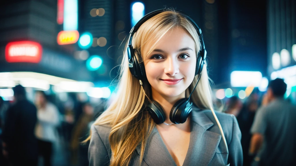 Beautiful blonde with large breasts in a gray suit (Big city at night、Wandering through the neon-lit skyscrapers),Wearing headphones,Very detailed, 21 years old, Innocent face, Naturally Wavy Hair, blue eyes, High resolution, masterpiece, Highest quality, Intricate details, Very detailed, Clear focus, Delicate skin, practical skin texture, texture, Delicate eyes, Professional, 4K, Cute Smile, Shot with Canon, 85mm, Shallow and deep, Kodak Vision Color, Exactly, Very detailed, photograph_\(Extremist\), photographpractical, practical, Post-processing, Maximum details, Roughness, Real Life, Extremist practical, Photorealism, photographgraphy, 8K Ultra HD, photographgraphy