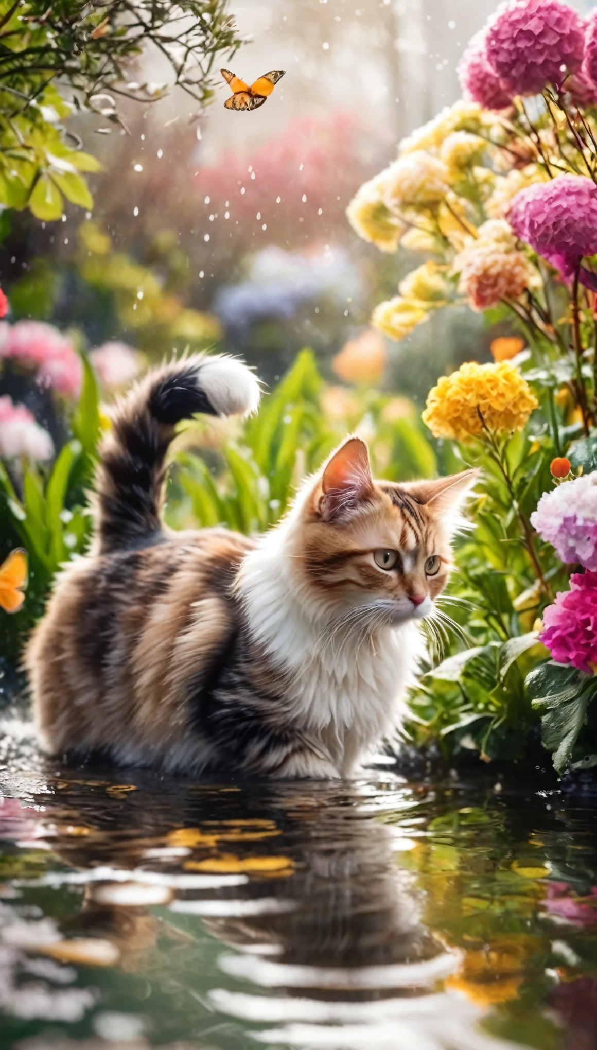 some adorable cats are playing water in the garden with amount flowers and trees in winter season