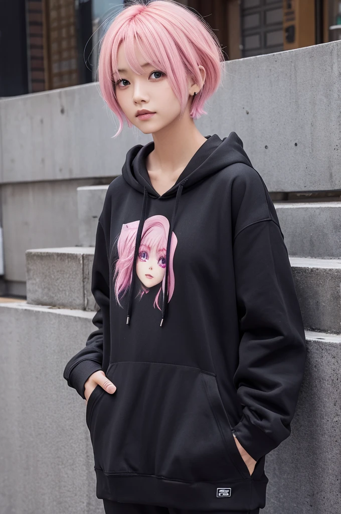 The leader of the bad girls who ran away from home, Long black sweater, Skin denim mini skirt, Pink semi-long hair, Looking at the audience, Front view,Hands behind your back,