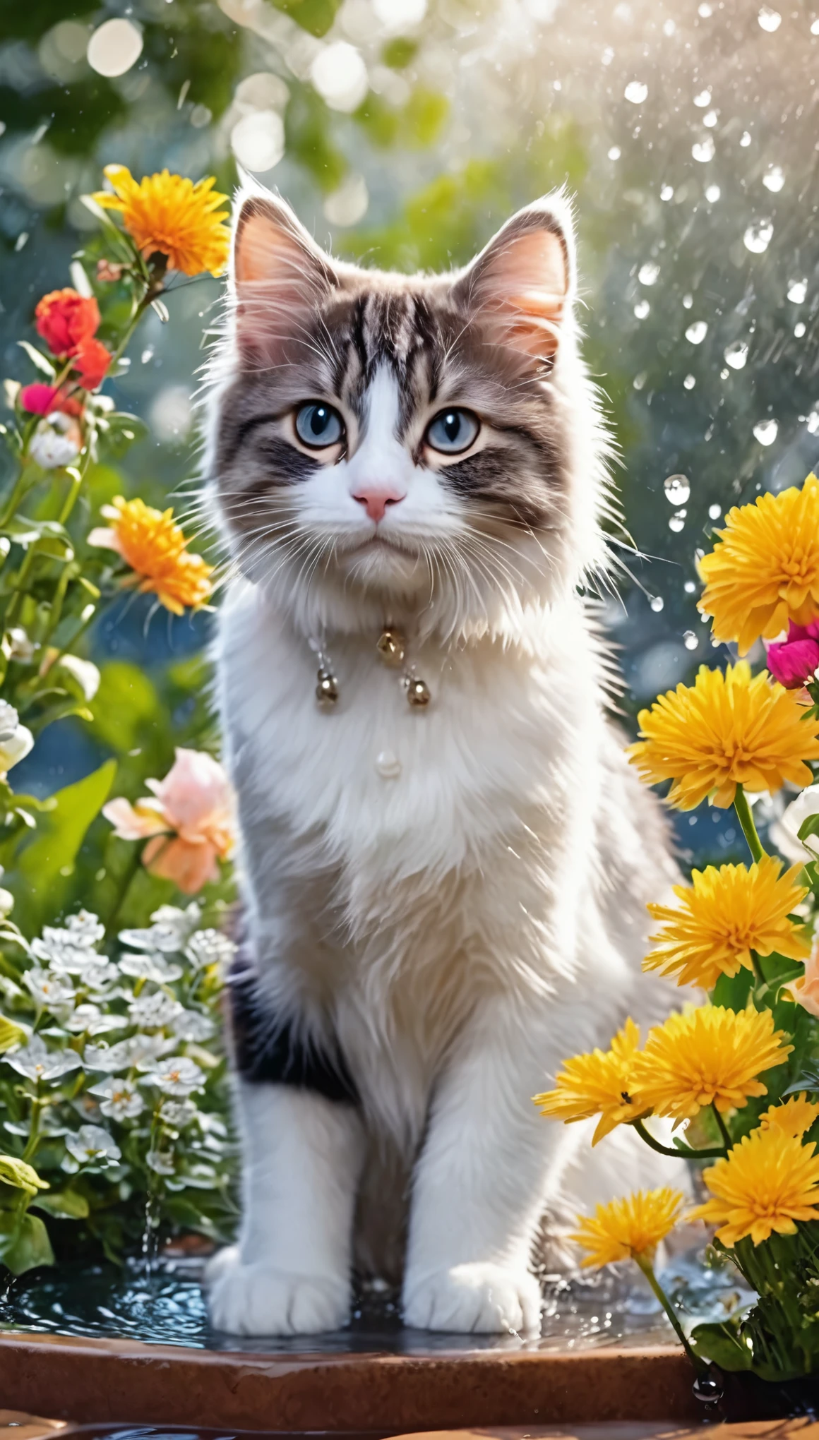 some adorable cats are playing water in the garden with amount flowers and trees in winter season