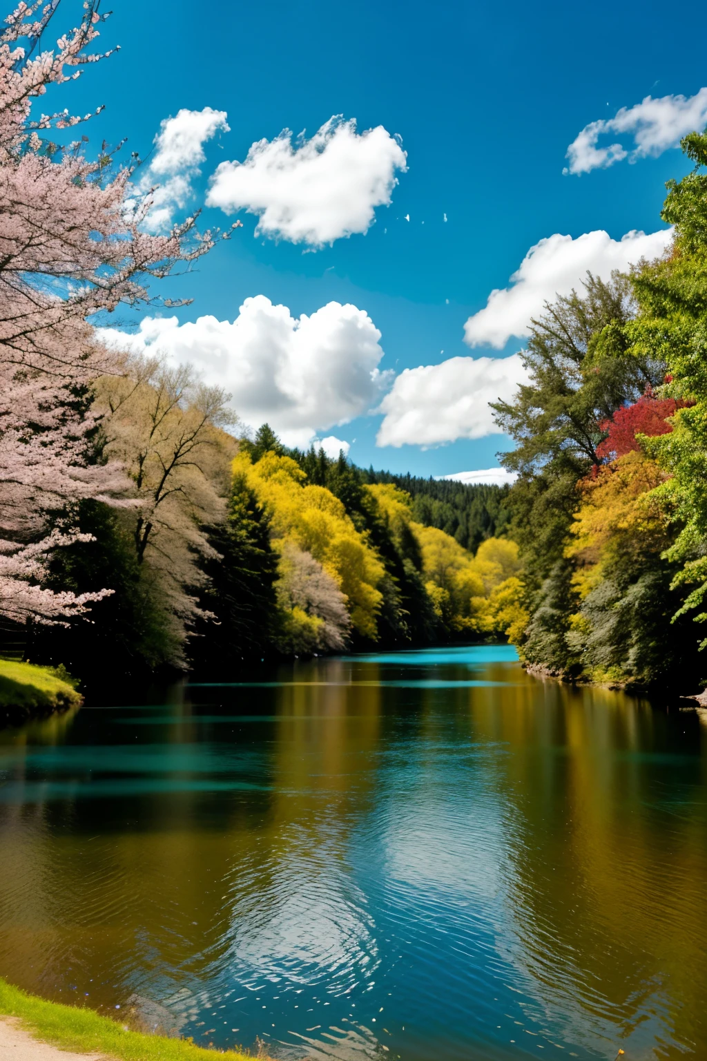 deep blue sky background, few wind cloud, bright soft, a lake, one big stone exposed in centre of the lake, trees with many leafy crowns, big red blossom, strong black horse, white mare at the path trail by the lake, Turquoise, Aqua, Peach, Pink, Yellow pastel colours.