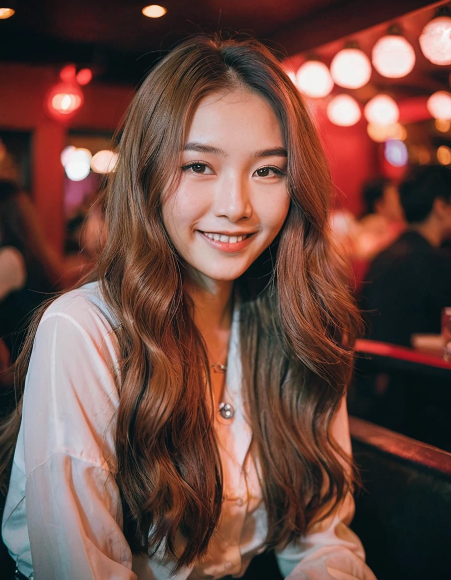 Portrait MagMix Girl looking at the camera, Long Hair, Work in a cabaret club,young,smile,night,Fair skin,Japanese,Loose wavy hair