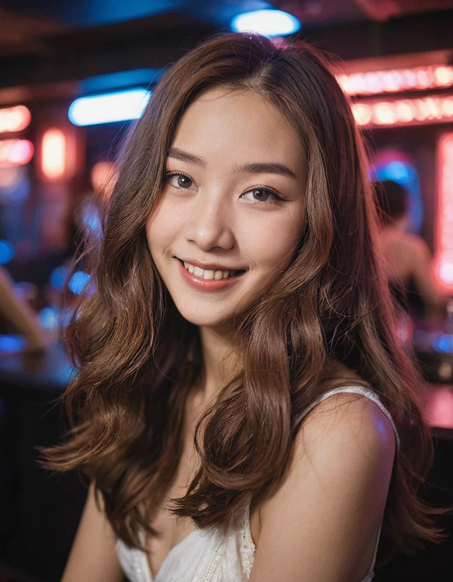 Portrait MagMix Girl looking at the camera, Long Hair, Work in a cabaret club,young,smile,night,Fair skin,Japanese,Loose wavy hair