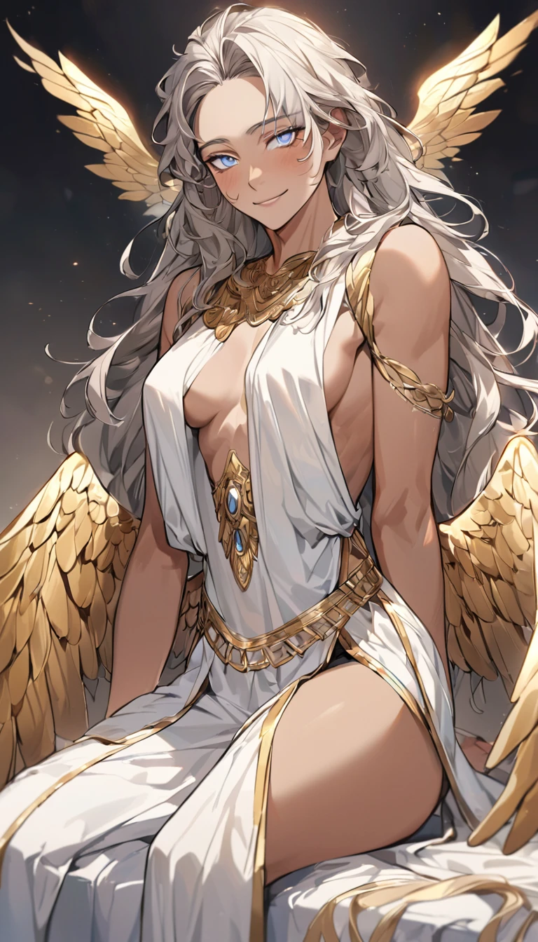 (high-quality, breathtaking),(expressive eyes, perfect face) male, archangel joel, golden wings, tanned skin, pale light blue eye color, long hair length, black dress with gold trim, tunic, Greek Goddess, Ancient Greek Dress, Greek Clothes, Symmetrical Eyes, positive expression, elegant, mature, beautiful, soft smile, SunsetHuman, grey background, beautiful face,smiling,close up upper body, moderate breast, sitting on bed, (open mouth:0.4),illustration,detailed textures(realists),ultra-detailed,portrait style,vivid colors,soft lighting, blushing, mature, no bras, full body, white skin, lacey
