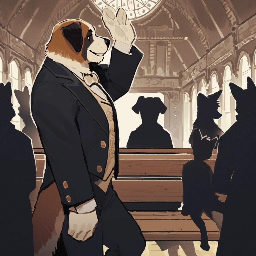 mammal, canine, saint bernard, male, marc simonetti, mucknagabe, k0bit0wani, null-ghost, newest, ( masterpiece, best quality, highly detailed ), ( detailed anatomy, detailed face, detailed eyes, detailed body ), (detailed background, old train station), sitting on wooden bench, victorian suit, looking at viewer, smile, happy, (waving), crowd, (silhouette), side view