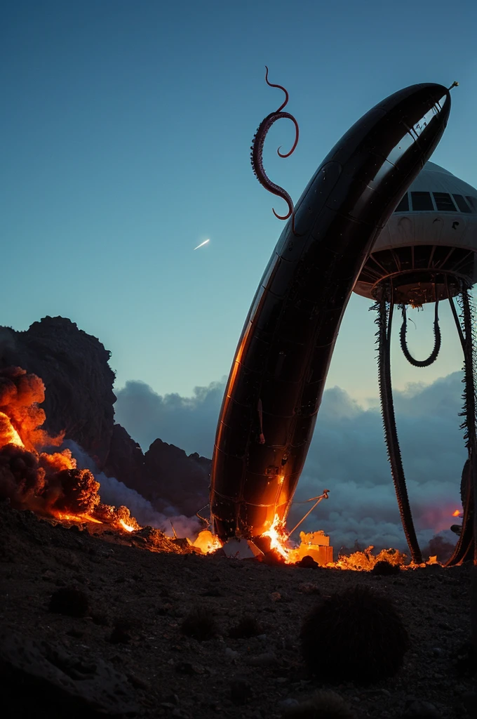 glossy phallic spaceship crash landing on alien planet, tentacles, smoke