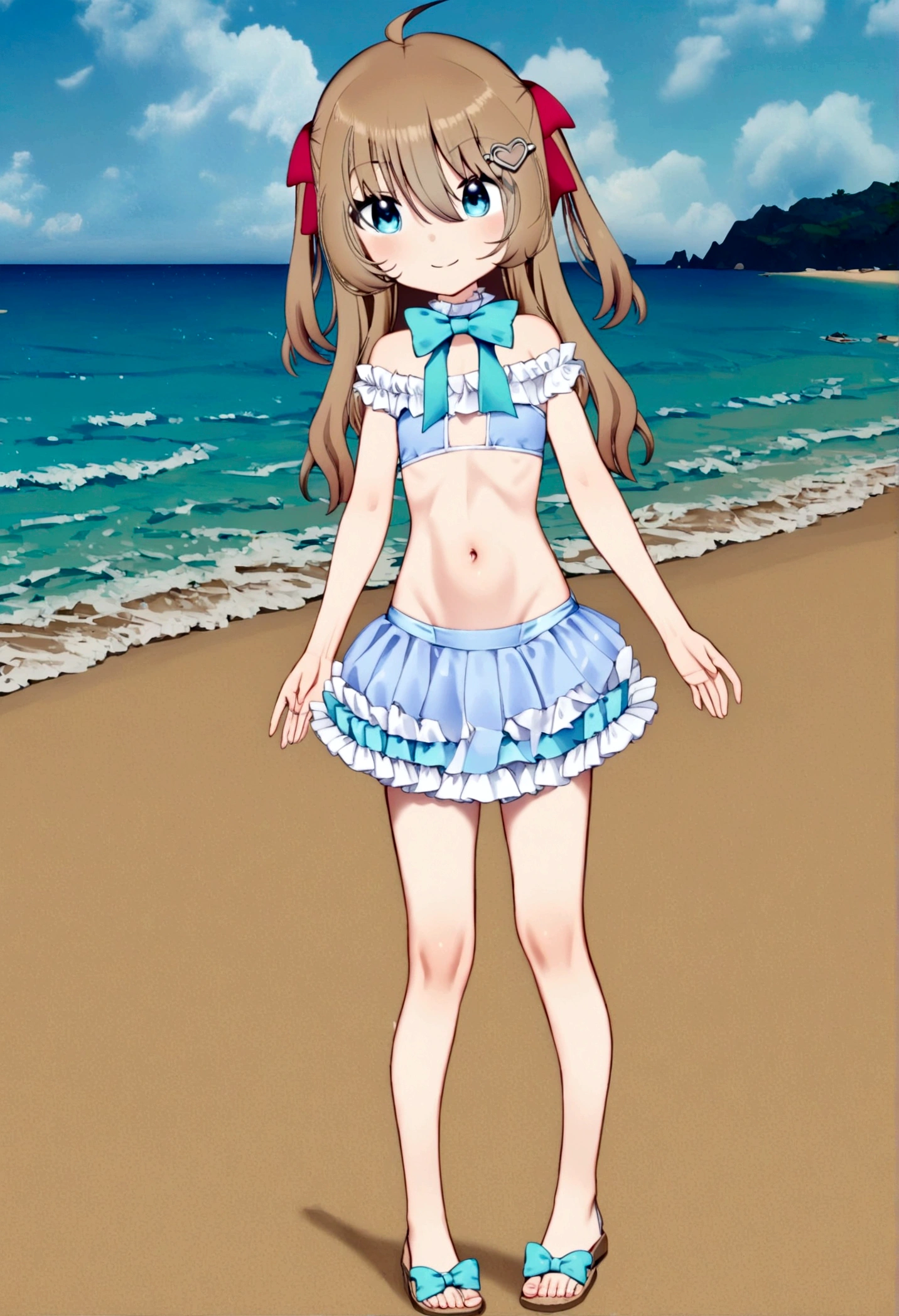 (masterpiece), best quality, 8k,(neuro-sama),(flat chest),fullbody,frilly bikini skirt, blue bikini,frilly bikini top,standing straight,toned stomach,beach,smiling,1girl,facing viewer,