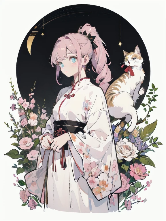 highest quality、4K、1 person、15-year-old girl、evening、garden、Cat Eyes、A girl , oasis, Brush sticker, Double Ponytail, Triple White, Tartan,Pastel pink gradient hair,, White Background、Perfect Anatomy、traditional chinese national costume