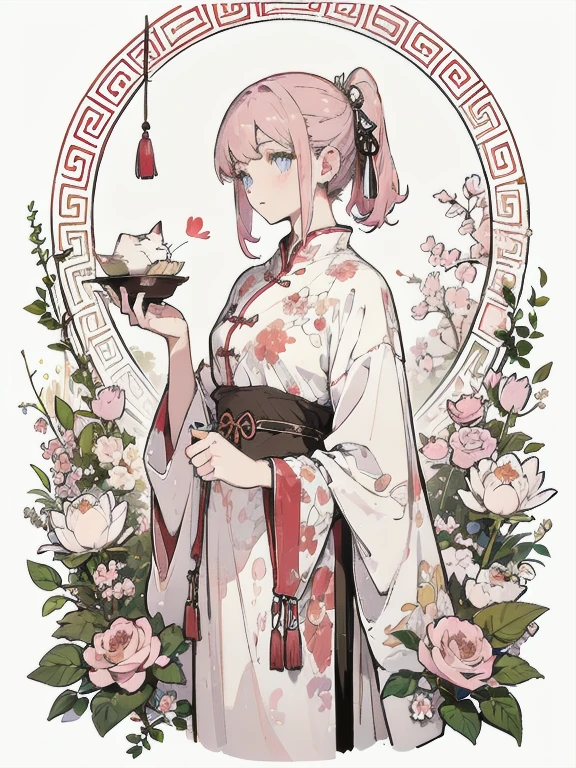 highest quality、4K、1 person、-yeld gievening、garden、Cat Eyes、A girl , oasis, Brush sticker, Double Ponytail, Triple White, Tartan,Pastel pink gradient hair,, White Background、Perfect Anatomy、traditional chinese national costume