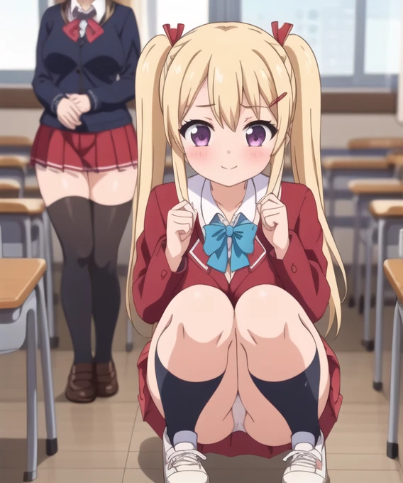 masterpiece,Highest quality,onichichi,(Two Girls,school uniform:1.3),cute,Red mini skirt,smile,Cowboy Shot,Alongside,squat、Lace panties、sneakers、View your viewers,thigh_gap,classroom,Large Breasts,blush,window,Face Focus,
break,
Airi,Twin tails,hair ornaments,Blonde long hair,black thighhighs, 
break,
a lot,Hair Clip,