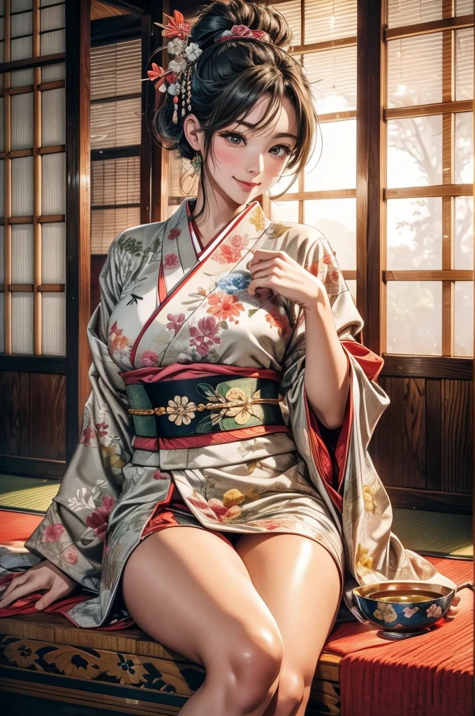 Have a look at this、Narrow Japanese-style room、Wooden plank wall、sit on tatami、Shiny kimono、Beautiful 30 year old woman、The wall is close、足を折り曲げてsit on tatami、Smiling Kindly、There is a teacup on the table.、There is a Japanese sword、The thighs are exposed、Cute、smile、There is a teacup on the table.、Matcha in the tea bowl、The shoji screen behind is pure white、The shoji screen behind me is shining、The shoji screen in the back has no pattern.、