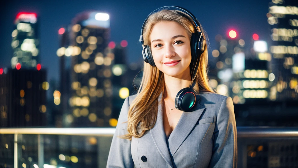 Beautiful blonde with large breasts in a gray suit (Big city at night、Rooftop、Sparkling scenery),Wearing headphones,Very detailed, 21 years old, Innocent face, Naturally Wavy Hair, blue eyes, High resolution, masterpiece, Highest quality, Intricate details, Very detailed, Clear focus, Delicate skin, practical skin texture, texture, Delicate eyes, Professional, 4K, Cute Smile, Shot with Canon, 85mm, Shallow and deep, Kodak Vision Color, Exactly, Very detailed, photograph_\(Extremist\), photographpractical, practical, Post-processing, Maximum details, Roughness, Real Life, Extremist practical, Photorealism, photographgraphy, 8K Ultra HD, photographgraphy