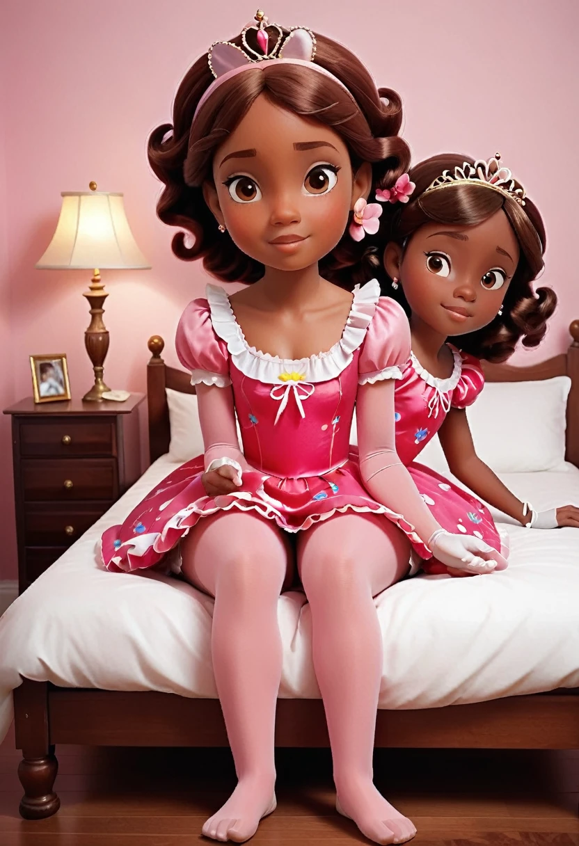 (xlsanaa, dark skin, kenyan, Style-Princess) (1 man, 1 catgirl) (hetero, couple) (crossdressing, fully clothed) (brown hair, blue eyes) (portrait) (women's clothes only) (women's beautifully feminine skintight velvet floral print frilly girly pink adorable ballet leotards) (white opaque tights, no shoes) (tiaras, pink shoulder-length silk gloves:1.3) (woman's bedroom, four-poster bed) (lying down, hugging, bending knee) (intimacy, playfulness, closeness)