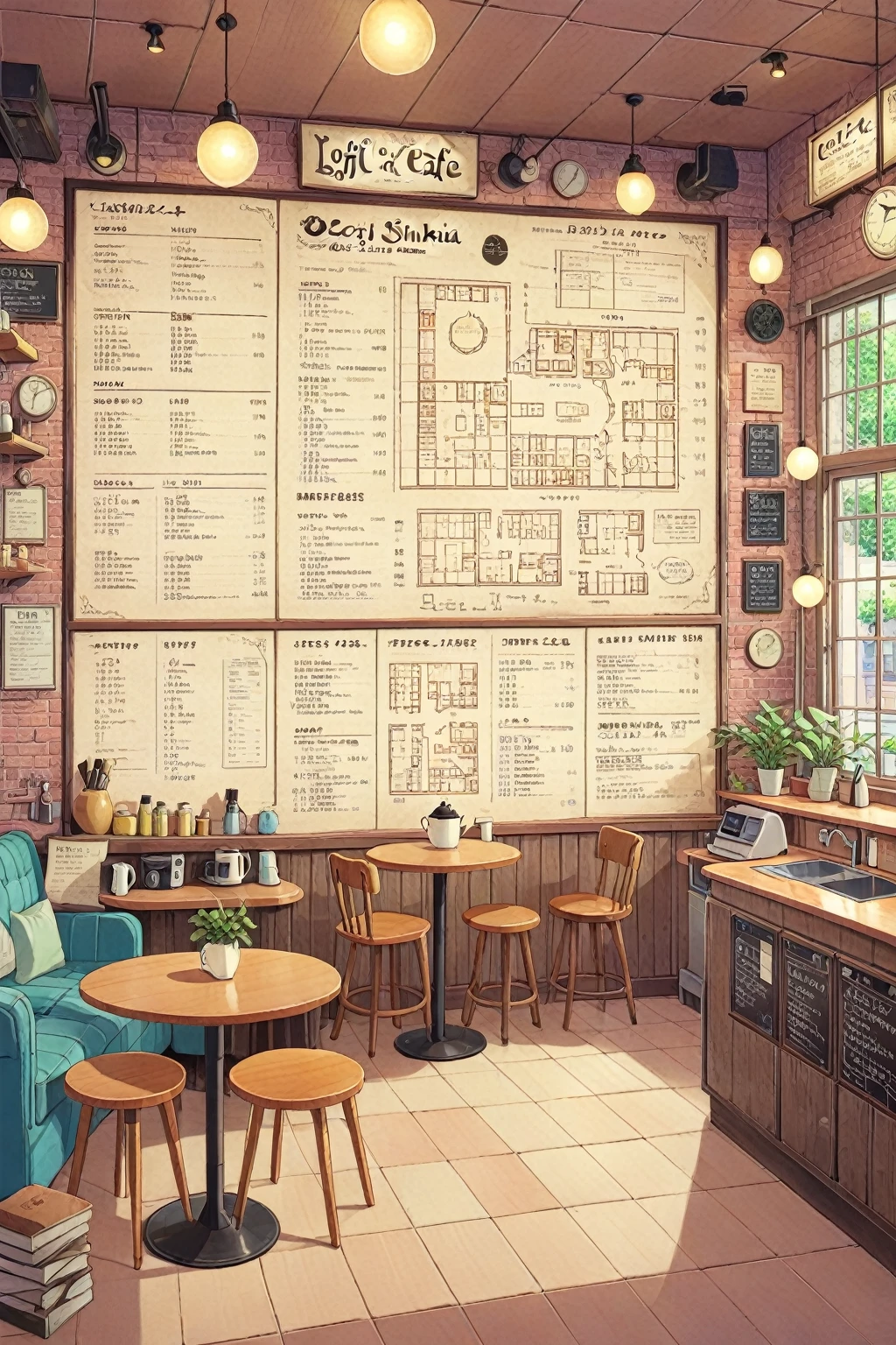 ON PARCHMENT,INK ILLUSTRATION, ((anime:1.4,illustration)),(masterpiece, top quality, best quality),(ultra-detailed, absolutely resolution),((16k, high res)), (((A detailed blueprint of the section of Lofi cafe, a fairytale-style cafe, detailed labeling text, grid lines,)) ((cozy lofi illustration:1.4)), ((anime:1.4, illustration)),(masterpiece, top quality, best quality),(ultra-detailed, absolutely resolution),((16k, high res)) BREAK {lofi art, style of Laurie Greasley, style of Makoto Shinkai, anime aesthetic},