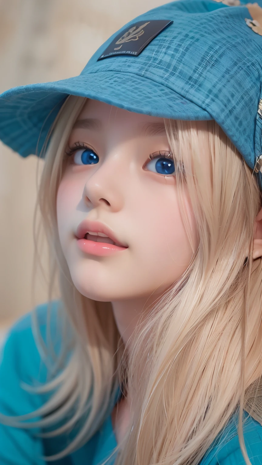 Portrait of a blonde girl in a blue hat and a blue shirt